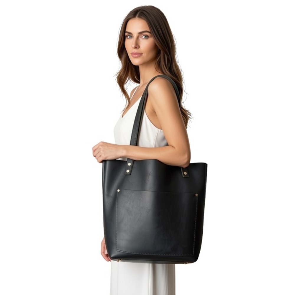 Portland Leather Medium Black Leather Tote‎ Bag Brass Rivets Minimalist Shopper